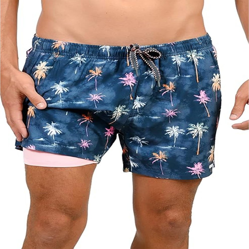 INGEAR Men's Swim Trunks with Compression Liner - 7 Inch Mens Swim Shorts for Swimming, Sports, and Outdoor Activities - Athletic Swimwear Bathing Suit Board Shorts (Medium, Acid Palms)