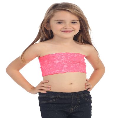 Kurve Girls Lace Bandeau Tube Bra - Strapless Bandeau Bra,UV Protective Fabric UPF50+, Neon Coral, Age (4-8)