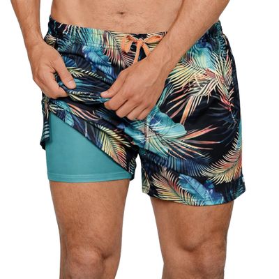 INGEAR Men's Swim Trunks with Compression Liner - 7 Inch Mens Swim Shorts for Swimming, Sports, and Outdoor Activities - Athletic Swimwear Bathing Suit Board Shorts (Large, Rainbow Leaf)