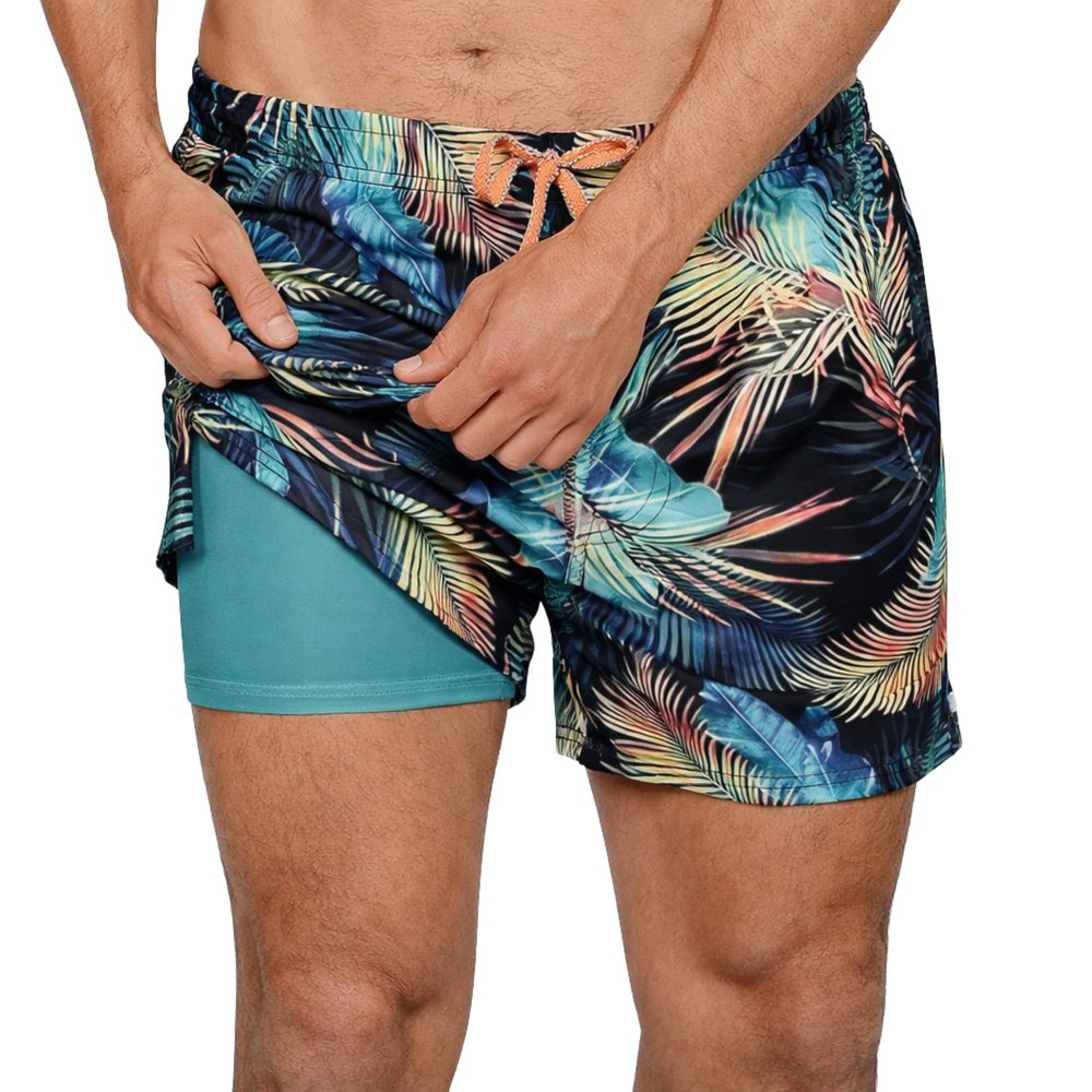 INGEAR Men's Swim Trunks with Compression Liner - 7 Inch Mens Swim Shorts for Swimming, Sports, and Outdoor Activities - Athletic Swimwear Bathing Suit Board Shorts (Large, Rainbow Leaf)