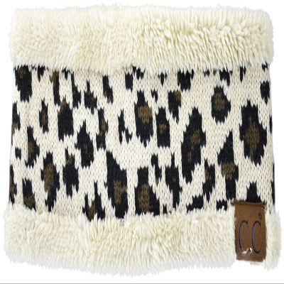 C.C Soft Stretch Winter Warm Cable Knit Fuzzy Lined Ear Warmer Headband, Leopard Beige