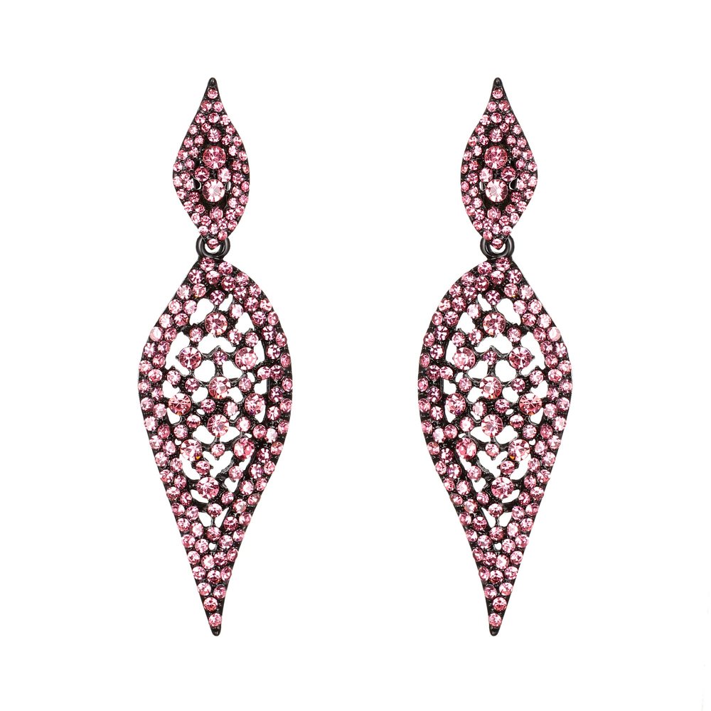 EVER FAITH Women's Chandelier Earrings Art Deco Sparkly 2 Leaf Drop Hollow-out Crystal Clip-on Dangle Earring Pink Black-Tone