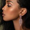 EVER FAITH Women's Chandelier Earrings Art Deco Sparkly 2 Leaf Drop Hollow-out Crystal Clip-on Dangle Earring Pink Black-Tone view 3