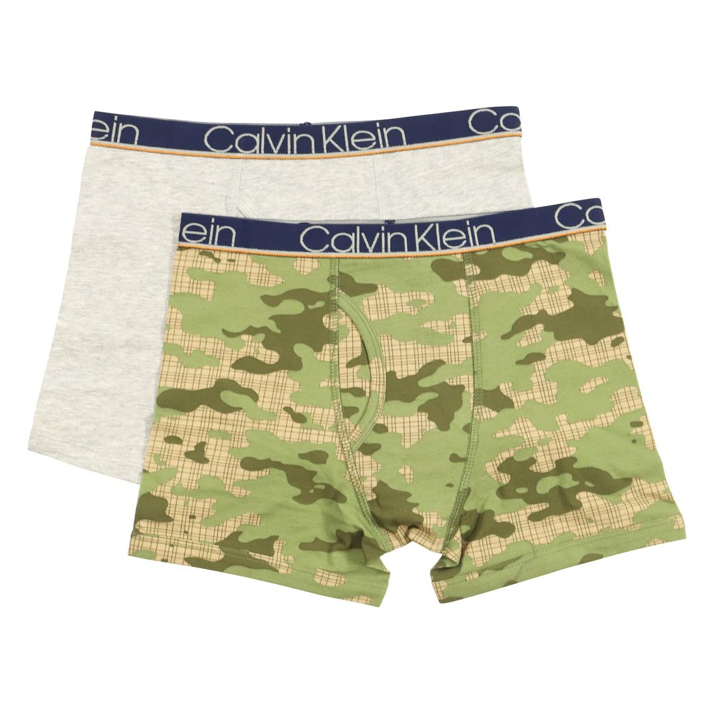 Calvin Klein Kids Boys' Modern Cotton Boxer Brief Underwear 2-Pack, Green Camo/Heather Gray, Large