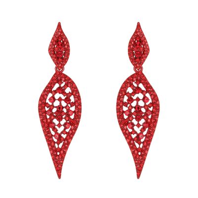 EVER FAITH Leaf-shape Chandelier Dangle Earring Hollow-out Art Deco Round Rhinestone Crystal Clip-on Earrings for Women Red Red-Tone