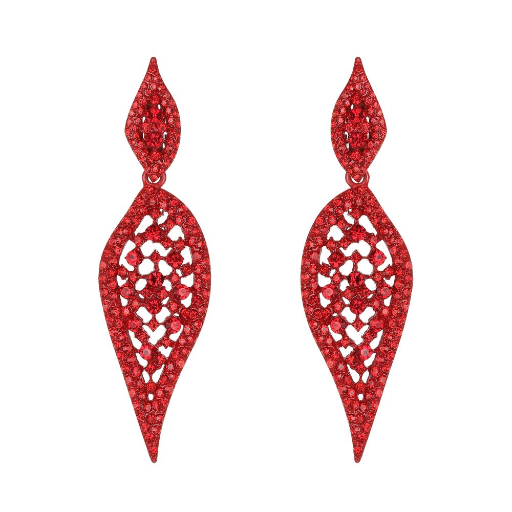 EVER FAITH Leaf-shape Chandelier Dangle Earring Hollow-out Art Deco Round Rhinestone Crystal Clip-on Earrings for Women Red Red-Tone