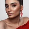 EVER FAITH Leaf-shape Chandelier Dangle Earring Hollow-out Art Deco Round Rhinestone Crystal Clip-on Earrings for Women Red Red-Tone view 3