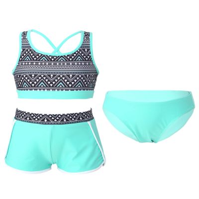 Daenrui Kids Girls Floral Racer Back Crop Top with Bottoms Boardshorts 3 Pieces Athletic Tankini Swimsuit Mint 14 Years