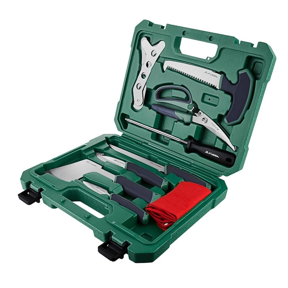Flissa Hunting Field Dressing Kit, 10 Piece Hunting Knife Set with Skinning Knife, Butcher Game Processing Kit with Portable Storage Case for Deer, Meat Processing, Fishing, Camping, Survival (Green)