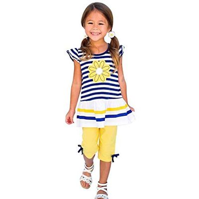 Little Girls Summer Clothes Outfits Daisy Flower Stripe T-Shirt Top + Bows Pant Sets Toddler Girl Clothing (Yellow, 6-7 Years)