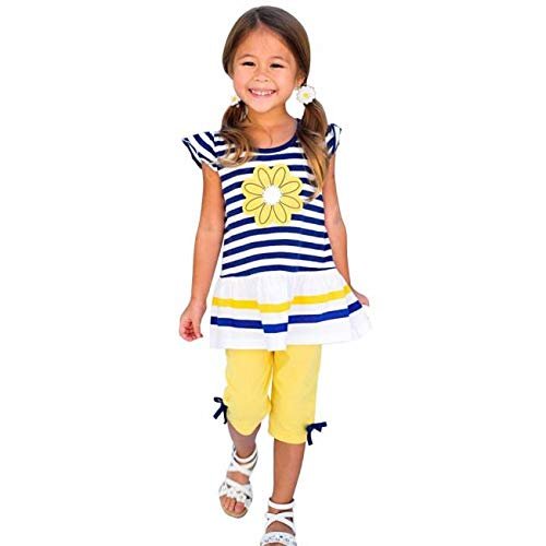 Little Girls Summer Clothes Outfits Daisy Flower Stripe T-Shirt Top + Bows Pant Sets Toddler Girl Clothing (Yellow, 6-7 Years)