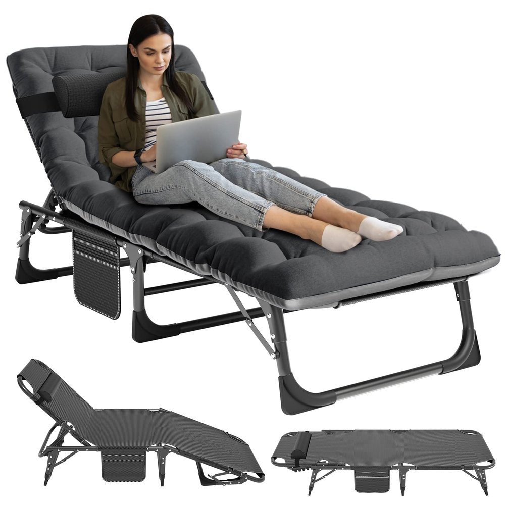 NAIZEA Folding Camping Cots, 4-Fold Sleeping Cots for Adults, Reclining Folding Chaise with Pillow, Adjustable Camping Reclining Chair, Outdoor Patio Lounge Chair for Pool, Beach, Patio, Sun Tanning