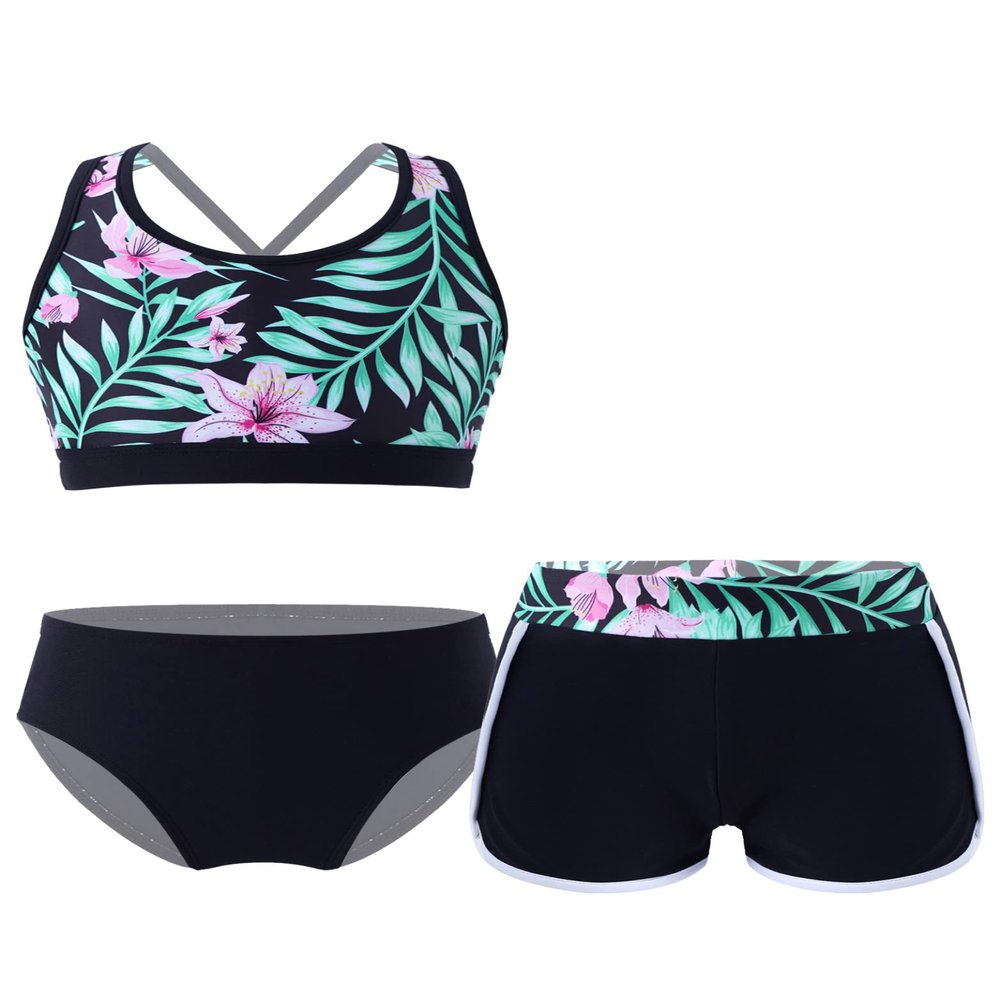 Daenrui Kids Girls Floral Racer Back Crop Top with Bottoms Boardshorts 3 Pieces Athletic Tankini Swimsuit Black,Cross Back 10 Years
