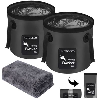 AUTODECO 2 Pack Collapsible Bucket 5 Gallon Container Folding Water Bucket Portable Wash Basin for Outdoor Travelling Camping Fishing Gardening Car Washing Black 20L