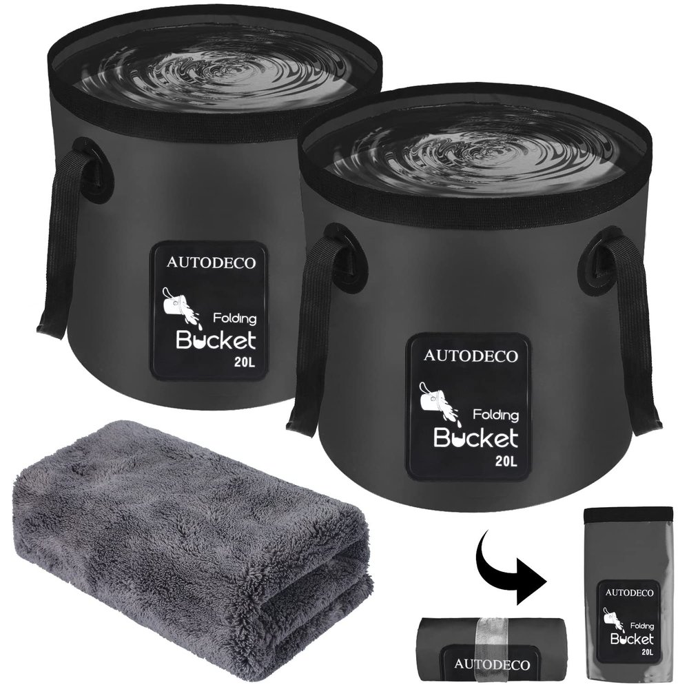 AUTODECO 2 Pack Collapsible Bucket 5 Gallon Container Folding Water Bucket Portable Wash Basin for Outdoor Travelling Camping Fishing Gardening Car Washing Black 20L