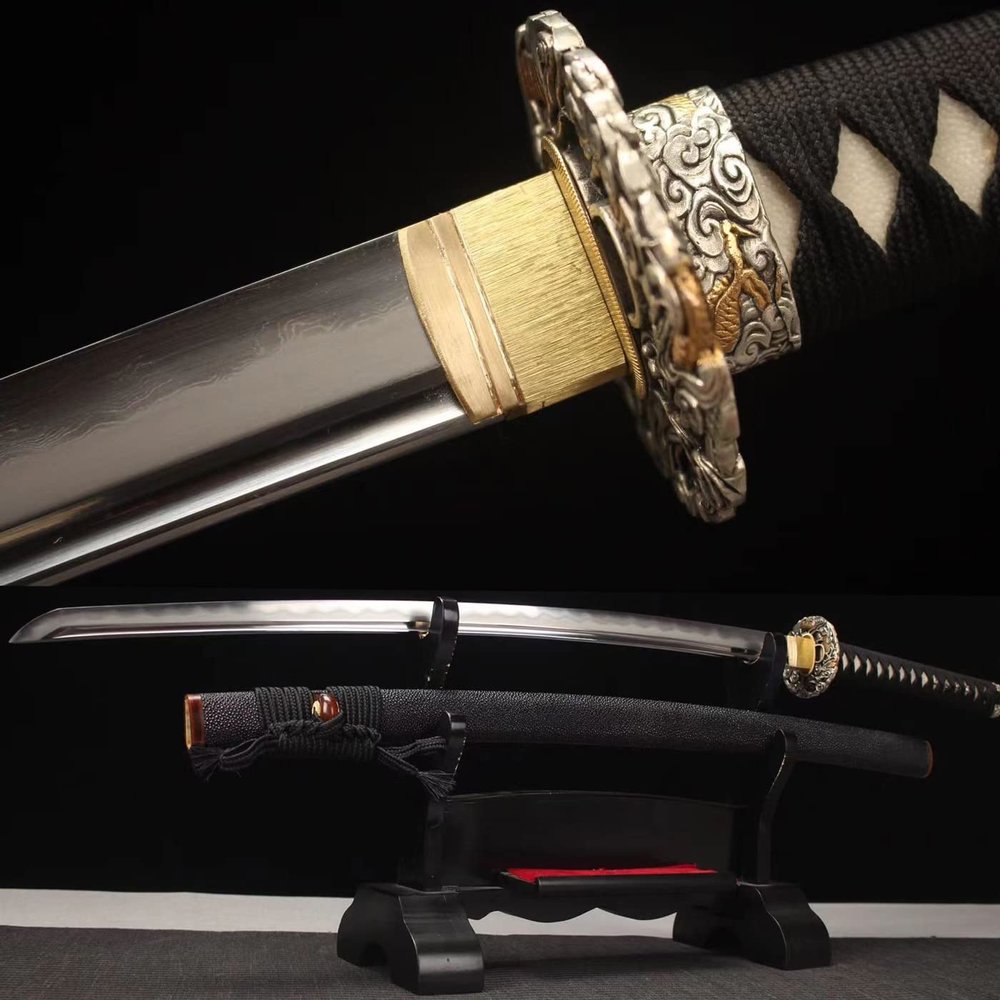 HERO SWORD Sanmai Folded Steel Japanese Samurai Sword Real Hamon Razor Sharp Full Black Genuine ray Skin Saya,Copper Tsuba