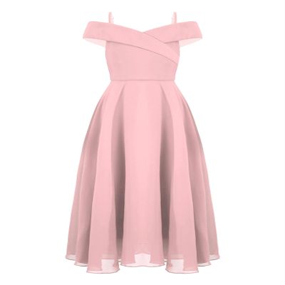 Sywiyi Kids Flower Girls Off Shoulder Prom Gown Chiffon Junior Bridesmaid Dress Wedding Pageant Maxi Dress Pink 8 Years