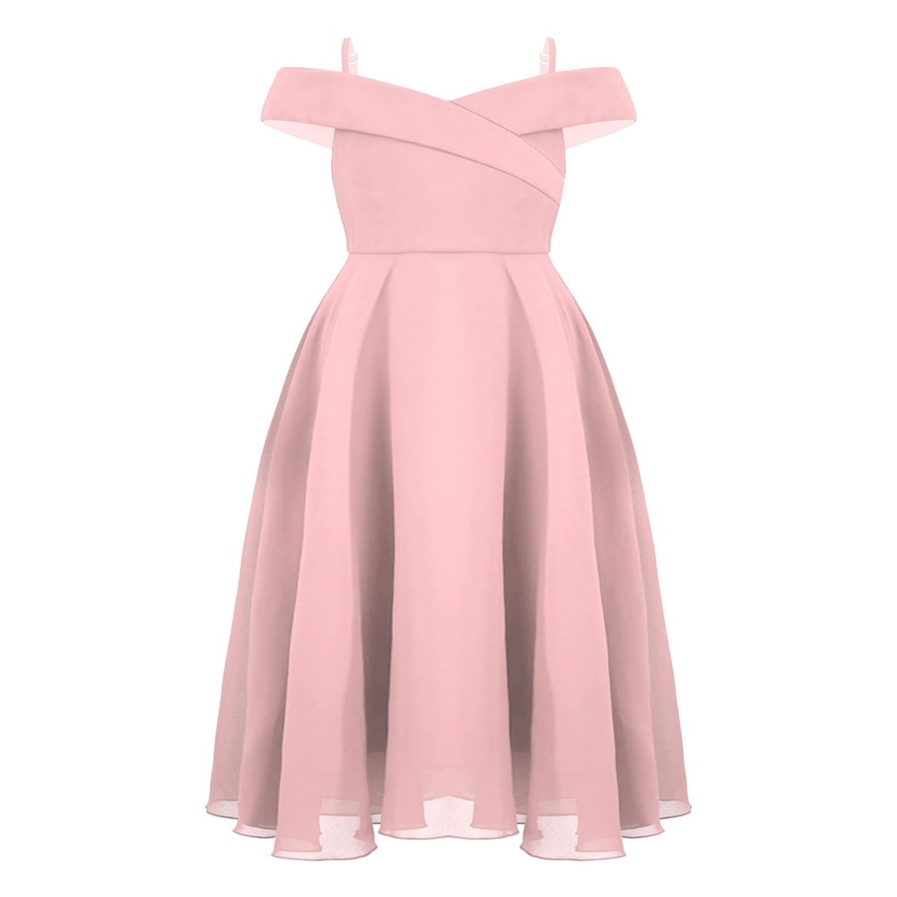 Sywiyi Kids Flower Girls Off Shoulder Prom Gown Chiffon Junior Bridesmaid Dress Wedding Pageant Maxi Dress Pink 8 Years