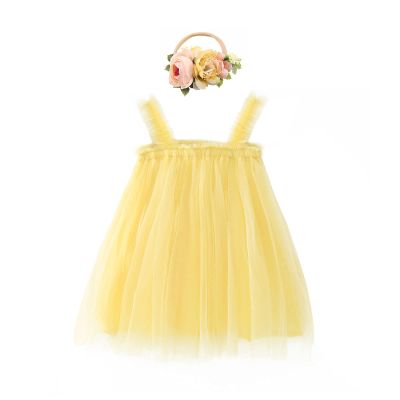 1st First Birthday Outfit Girl Baby Wedding Flower Girl Dress Toddler Tutu Tulle Princess Summer Dress+Flower Headband One Year Old Birthday Gifts Cake Smash Party Photoshoot Yellow 3-4 Years