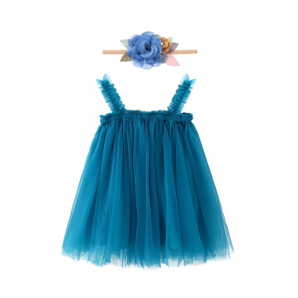 1st First Birthday Outfit Girl Baby Wedding Flower Girl Dress Toddler Tutu Tulle Princess Summer Dress+Flower Headband One Year Old Birthday Gifts Cake Smash Party Photoshoot Blue 9-12 Months