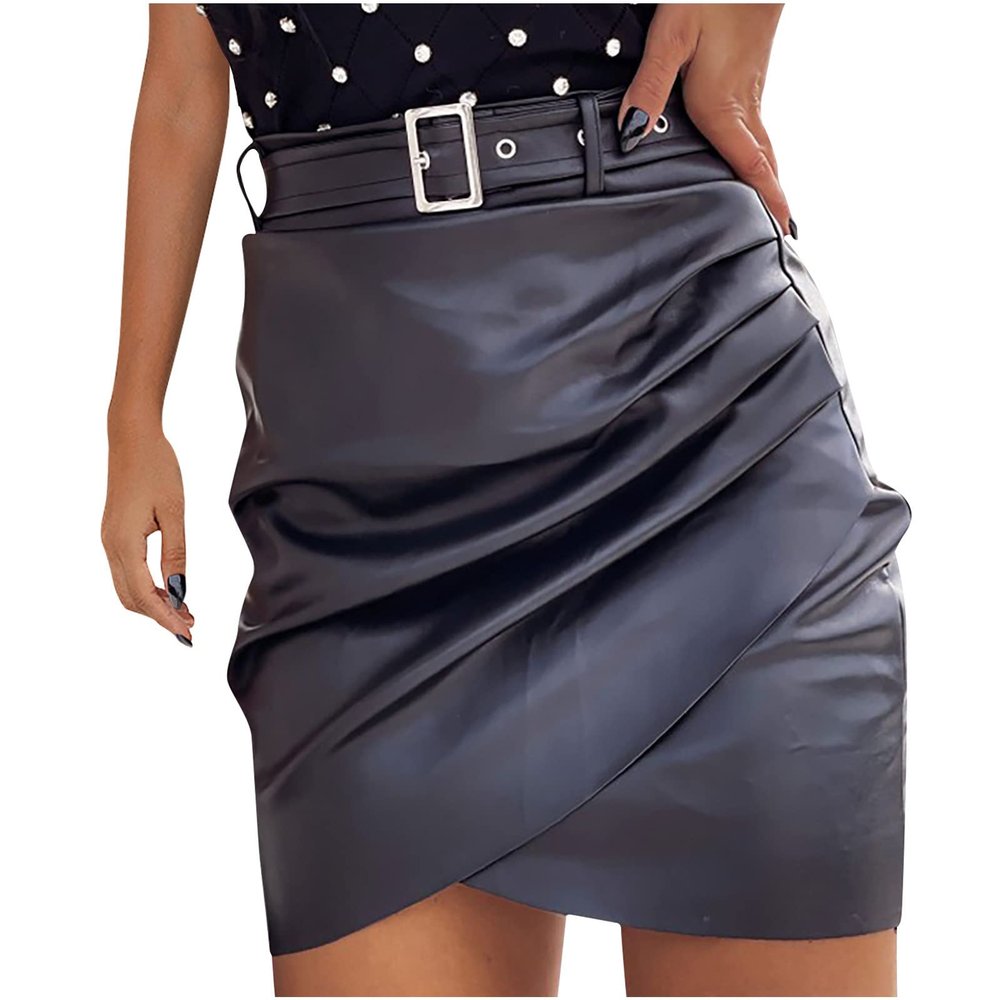 Midi Pencil Skirts for Women's Knee Length Faux Leather Skirts with Belt High Waisted Front Slit Pencil Skirt