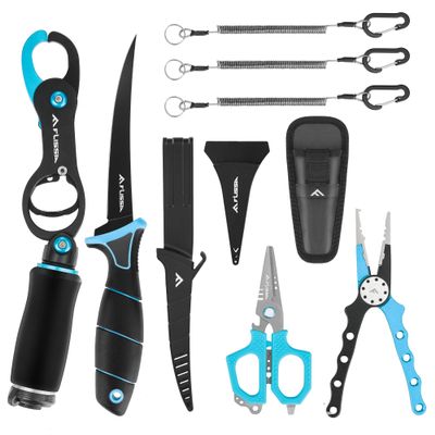 FLISSA 4-Piece Fishing Tool Kit Includes Muti-Function Fishing Pliers, 6" Fish Fillet Knife with Sheath, Braided Line Scissors with Sheath, Fish Scale with Lip Gripper and 3pcs Safety Coiled Lanyard