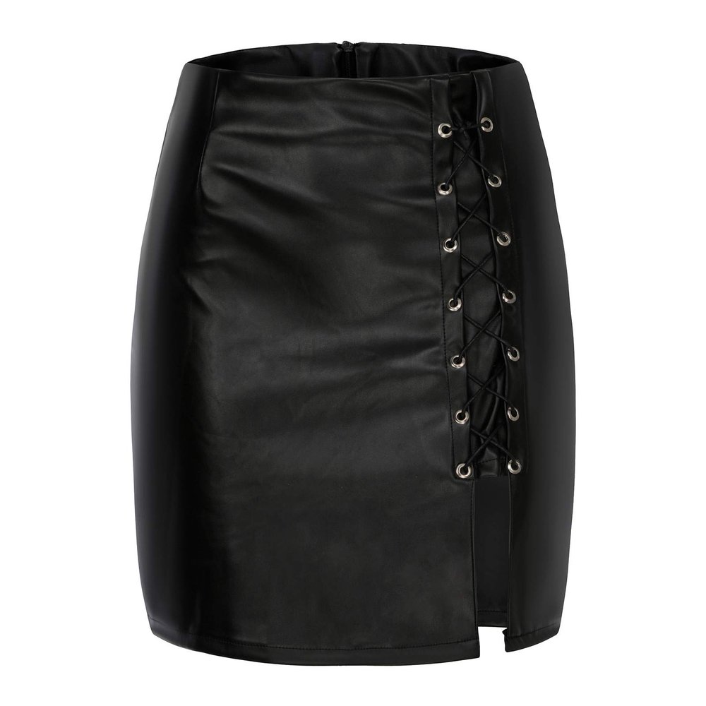 NaRHbrg Faux Leather Bodycon Slim Mini Pencil Skirt for Women Zip High-Waist Skirts Ladies Solid Button Short Skirts