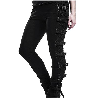 Women's Gothic Cargo Pants Retro Gothic High Elastic Plus Size Steampunk Criss Cross Lace Up Party Cosplay Trouser Black