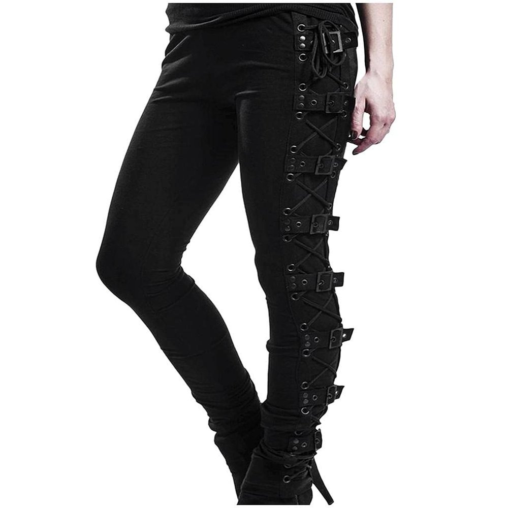 Women's Gothic Cargo Pants Retro Gothic High Elastic Plus Size Steampunk Criss Cross Lace Up Party Cosplay Trouser Black