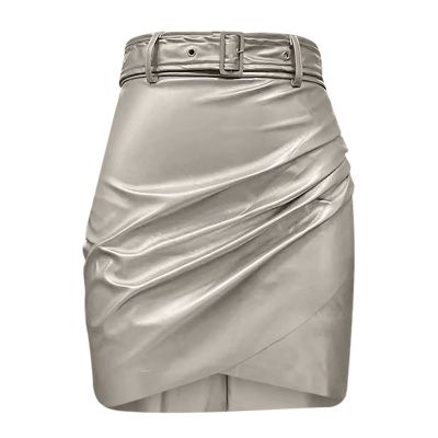 Midi Pencil Skirts for Women's Knee Length Faux Leather Skirts with Belt High Waisted Front Slit Pencil Skirt