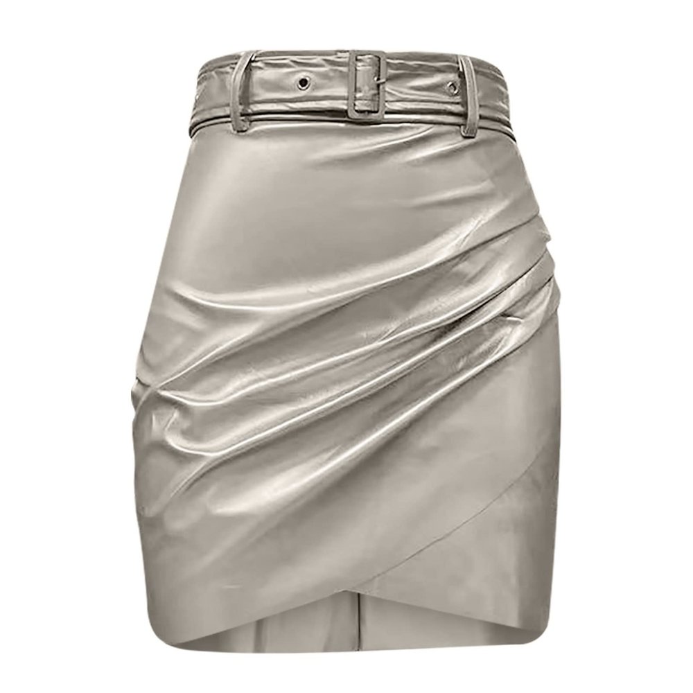 Midi Pencil Skirts for Women's Knee Length Faux Leather Skirts with Belt High Waisted Front Slit Pencil Skirt