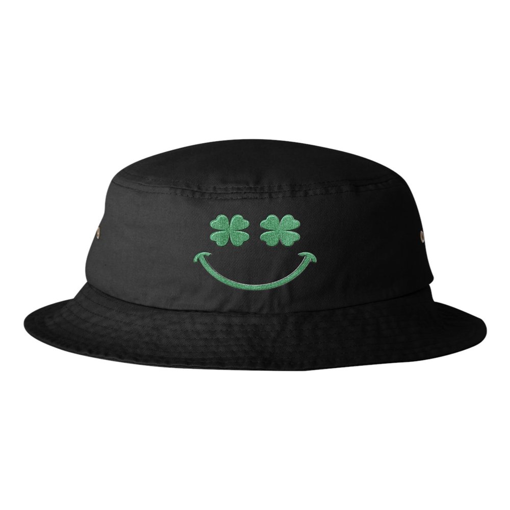 Go All Out One Size Black Bucket Shamrock Smiling Face | Positive, Happy, Smile Embroidered Cap Dad Hat