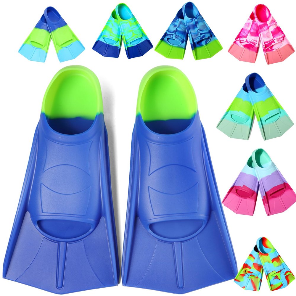 Fanwill Kids Swim Fins,Short Comfortable Flippers for Lap Swimming and Training for Children,Girls,Boys,Beginners ,Youth,Women(Blue&Acid Lime, XS)