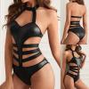 NaRHbrg Sexy Women's Plus Size Lingerie PVC Leather Halter Neck One Piece Teddy Bodysuit Leotard Catsuit Clubwear view 2