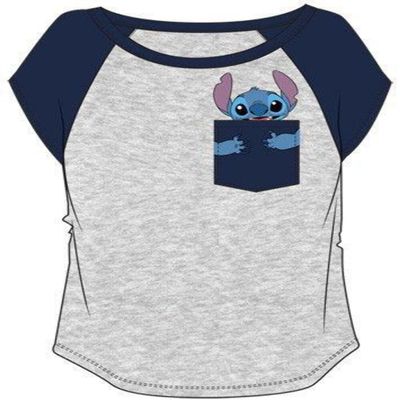 Juniors Stitch Grey T-Shirt with Stitch Peeking from The Pocket, Disney Souvenir Gift for Girls (Medium)