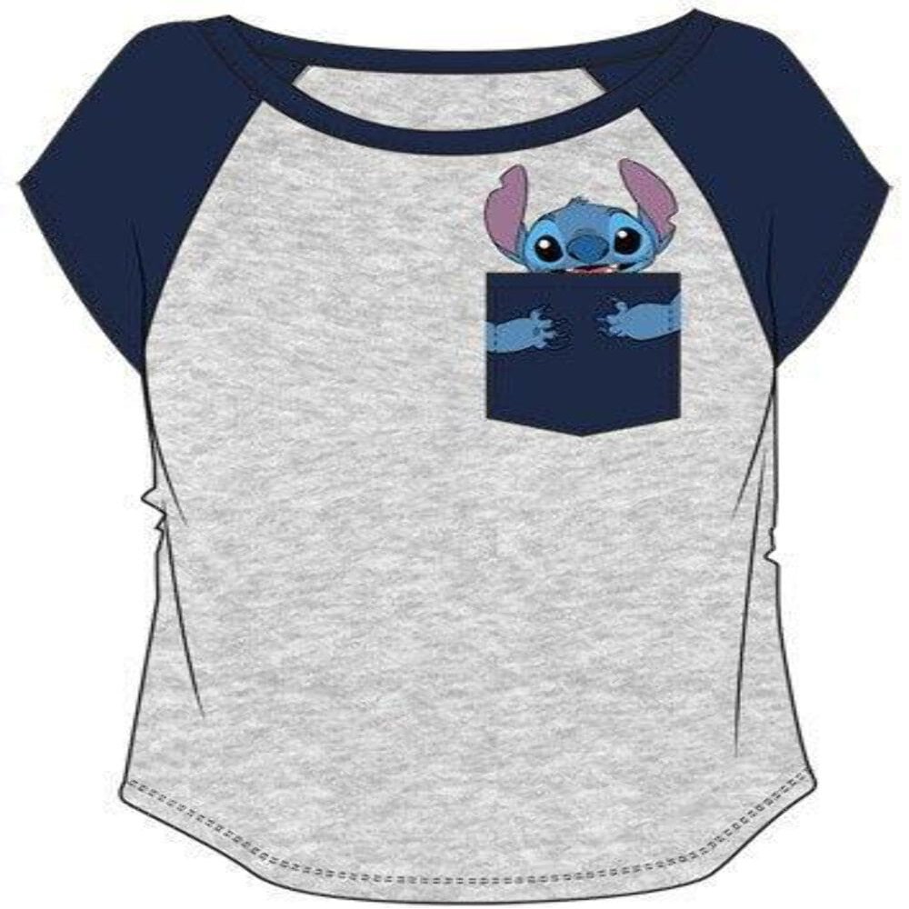 Juniors Stitch Grey T-Shirt with Stitch Peeking from The Pocket, Disney Souvenir Gift for Girls (Medium)