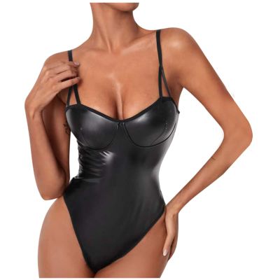 NaRHbrg Sexy Women's Plus Size Lingerie PVC Leather Halter Neck One Piece Teddy Bodysuit Leotard Catsuit Clubwear