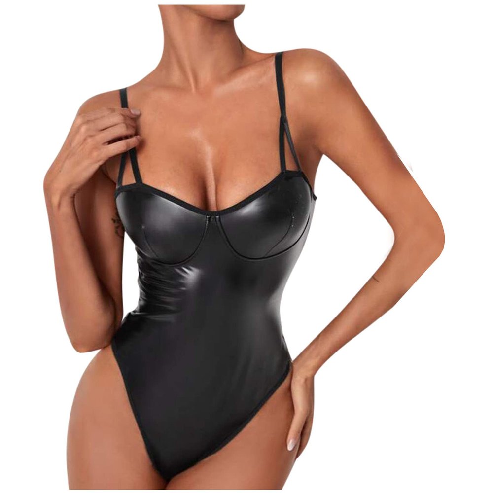 NaRHbrg Sexy Women's Plus Size Lingerie PVC Leather Halter Neck One Piece Teddy Bodysuit Leotard Catsuit Clubwear