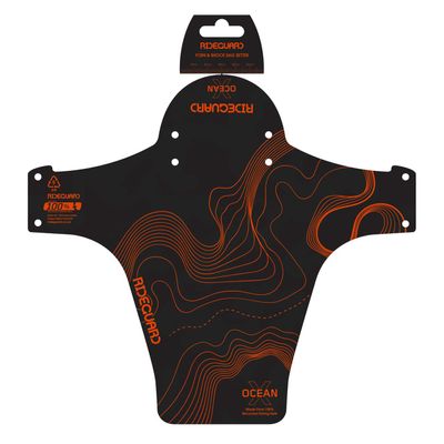 RideGuard PF1 OceanX Kaihalulu Orange. Front MTB Mudguard. UK Made from 100% Recycled Fishing Nets 100% Recyclable. Mountain Bike. Fits 24, 26, 27.5, 29, Plus Size and Fat Bikes.
