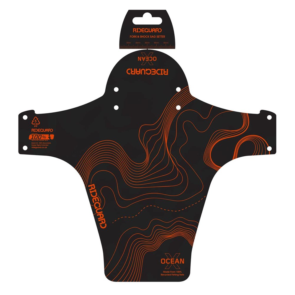 RideGuard PF1 OceanX Kaihalulu Orange. Front MTB Mudguard. UK Made from 100% Recycled Fishing Nets 100% Recyclable. Mountain Bike. Fits 24, 26, 27.5, 29, Plus Size and Fat Bikes.