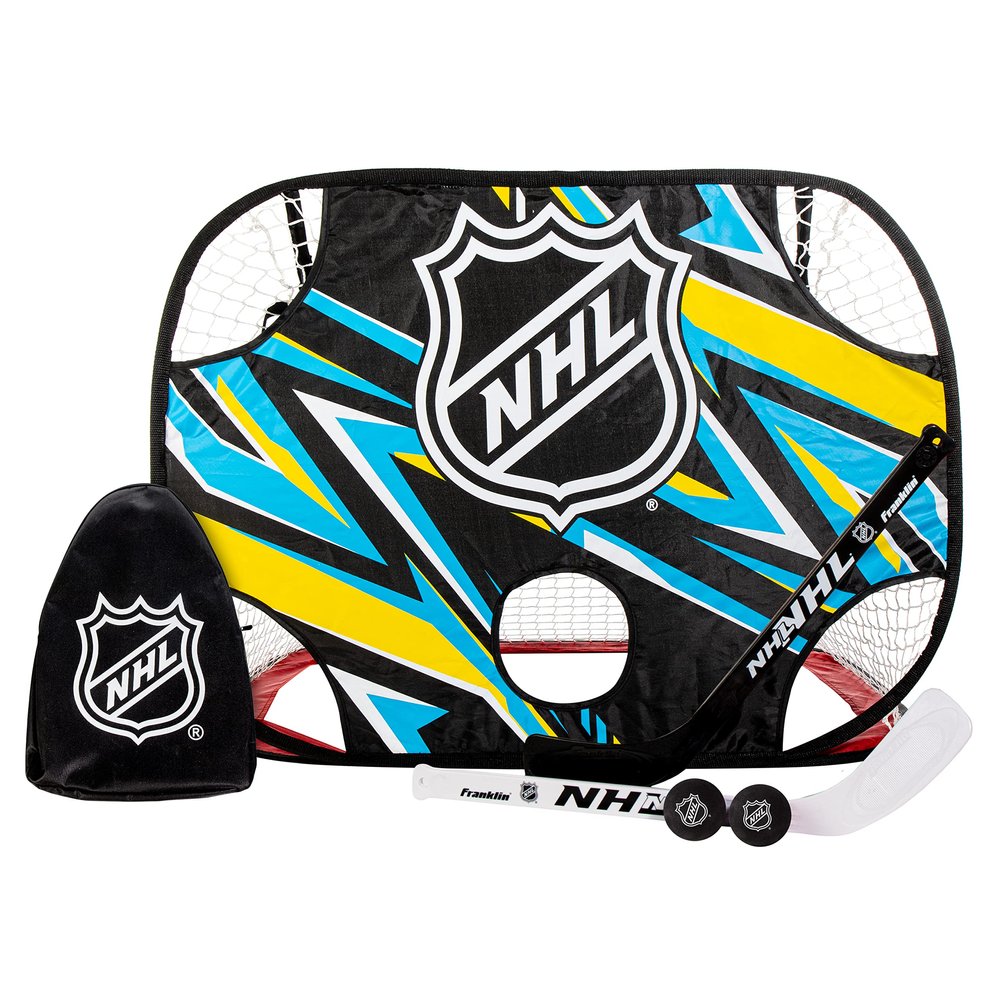 Franklin Sports NHL Kids Mini Hockey Goal + Shooting Target Set - Knee Hockey Pop Up Goal + Shooter Tutor with (2) Mini Sticks + (2) Foam Balls