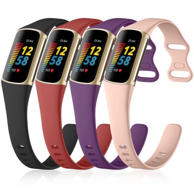 GEAK Slim Band Compatible with Fitbit Charge 5/6, Soft Silicone Sport Replacement Wristbands for Women & Men, Black/Plum/Red/Pink