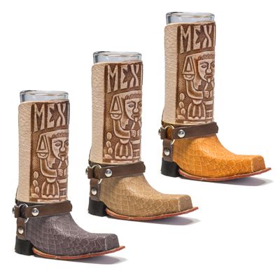 MexART ( 3 Pack ) Mexican Leather Mini Texan Boot Tequila Shot - Original Artisan Bota Chata para Tequila (Assorted Colors)