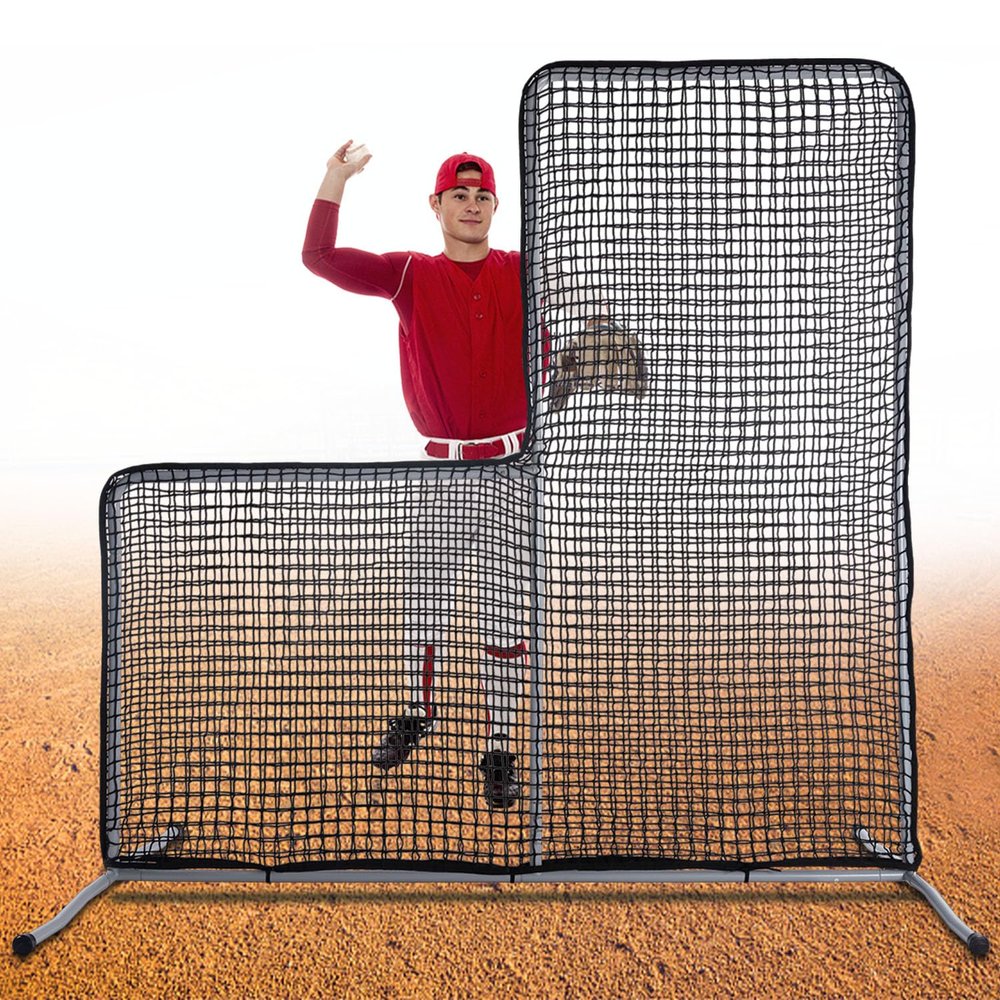 OKAYES L Screen Baseball Net Heavy Duty Pitching Screen - 7x7 Softball Batting Cage Protector 32mm Anti Wobble Steel Frame Snap-Lock Assembly for Backyard