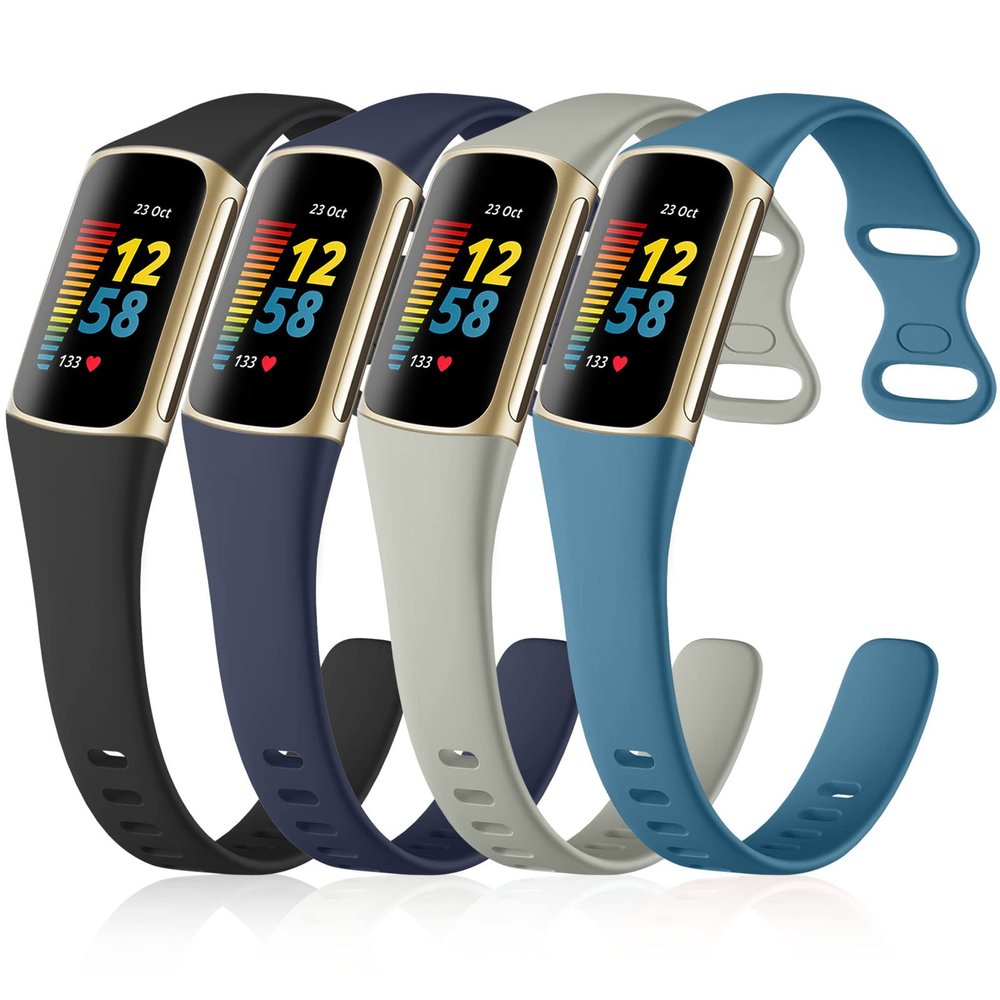 GEAK 4 Pack Slim Band Compatible with Fitbit Charge 5/Charge 6 Bands Women Men, Soft Silicone Sport Replacement Wristbands for Fitbit Charge 5/Charge 6 Fitness Tracker, Black/Slate/Navy Blue/Gray