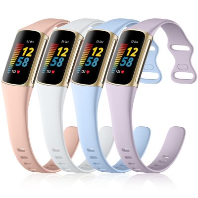 GEAK 4 Pack Slim Band Compatible with Fitbit Charge 5/Charge 6 Bands Women Men, Soft Silicone Sport Replacement Wristbands for Fitbit Charge 5/Charge 6 Fitness Tracker, Pink/Lilac/White/Lavender
