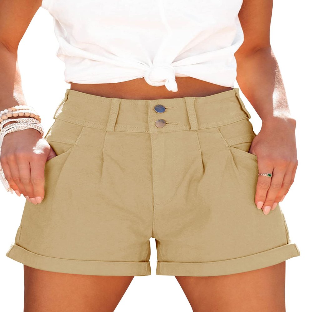 Hilltichu Womens Relaxed Fit Casual High Waist Pocketed Denim Shorts (Khaki,XX-Large,US,Alpha,Adult,Female,XX-Large,Regular,Regular)
