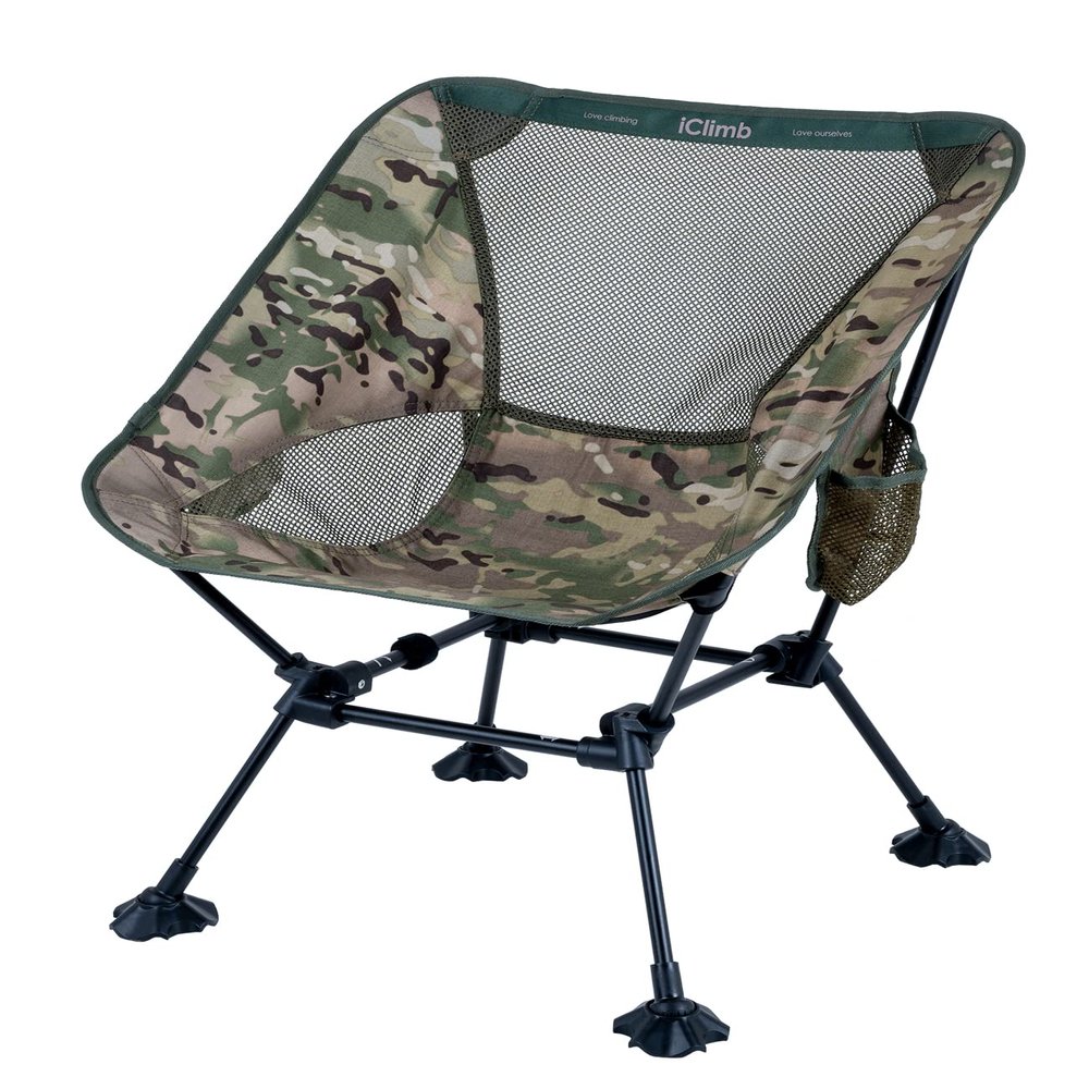 iClimb Ultralight Compact Camping Folding Beach Chair with Anti-Sinking Large Feet and Back Support Webbing (Woodland - Square Frame)