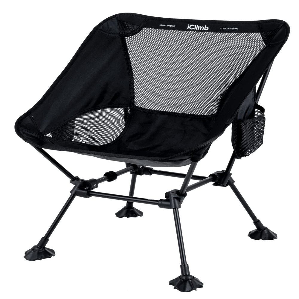 iClimb Ultralight Compact Camping Folding Beach Chair with Anti-Sinking Large Feet and Back Support Webbing (Black - Square Frame - 2PC)