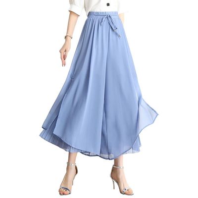 chouyatou Women's Chiffon Wide Leg Pants High Waist Pleated Culotte Palazzo Pants Side Slit (Medium, Blue)